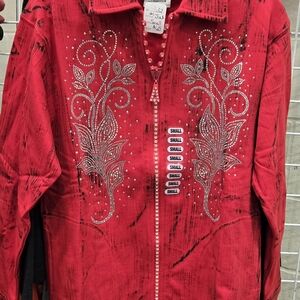 Red Embellished Women's Jacket With Rhinedtone Zipper